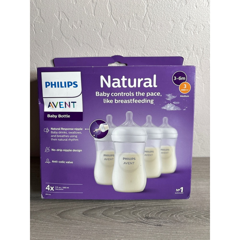 Philips Avent Natural Baby Bottle 9oz 4pk Flow 3 Medium Nipple 3-6m